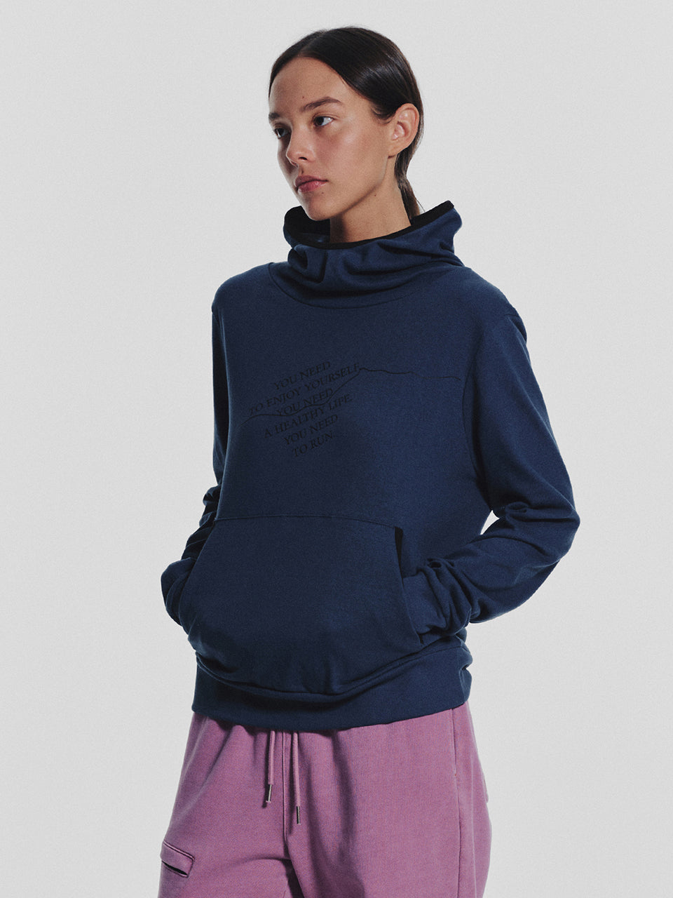MNS Track Binding High Neck Hoodie_Deep Blue