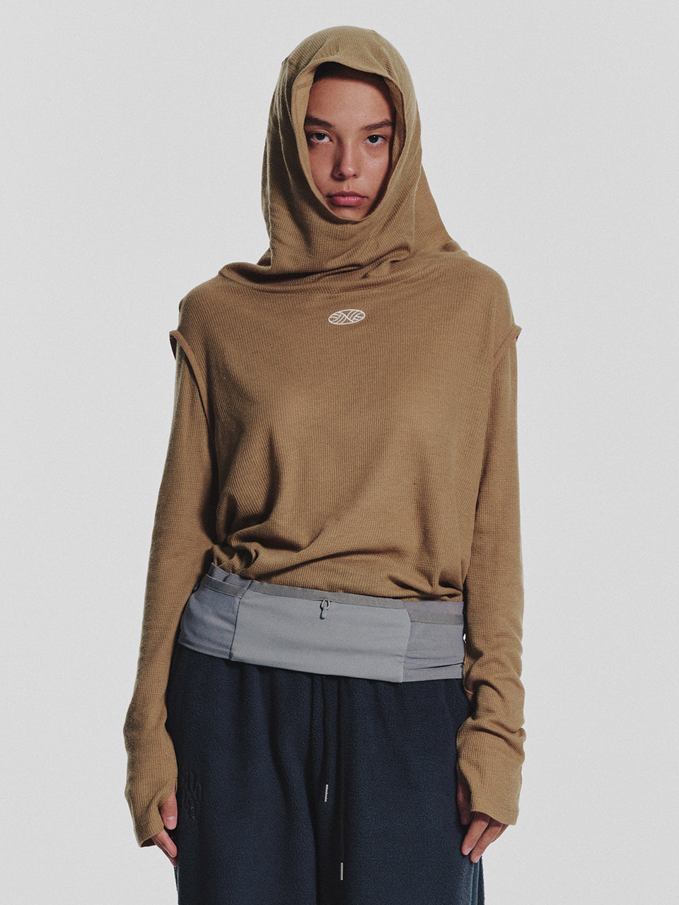Wool High Neck Waffle Hoodie_Sand Beige