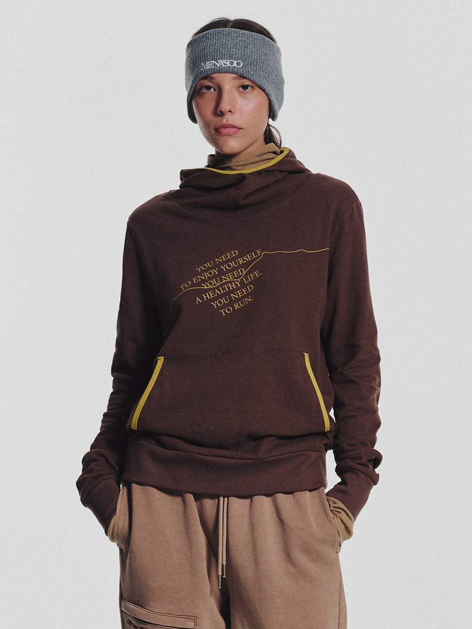 MNS Track Binding High Neck Hoodie_Brown