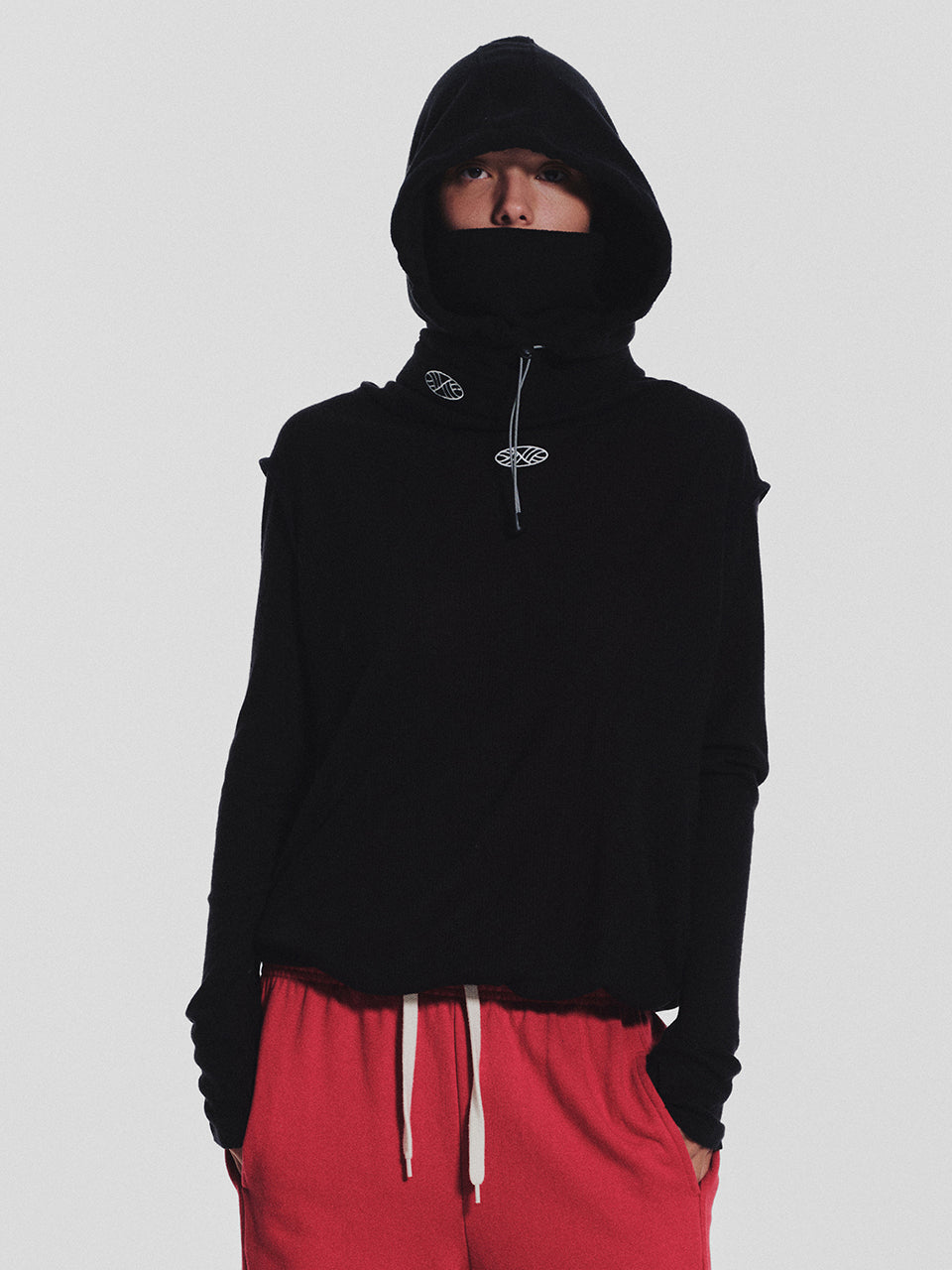 Wool High Neck Waffle Hoodie_Black