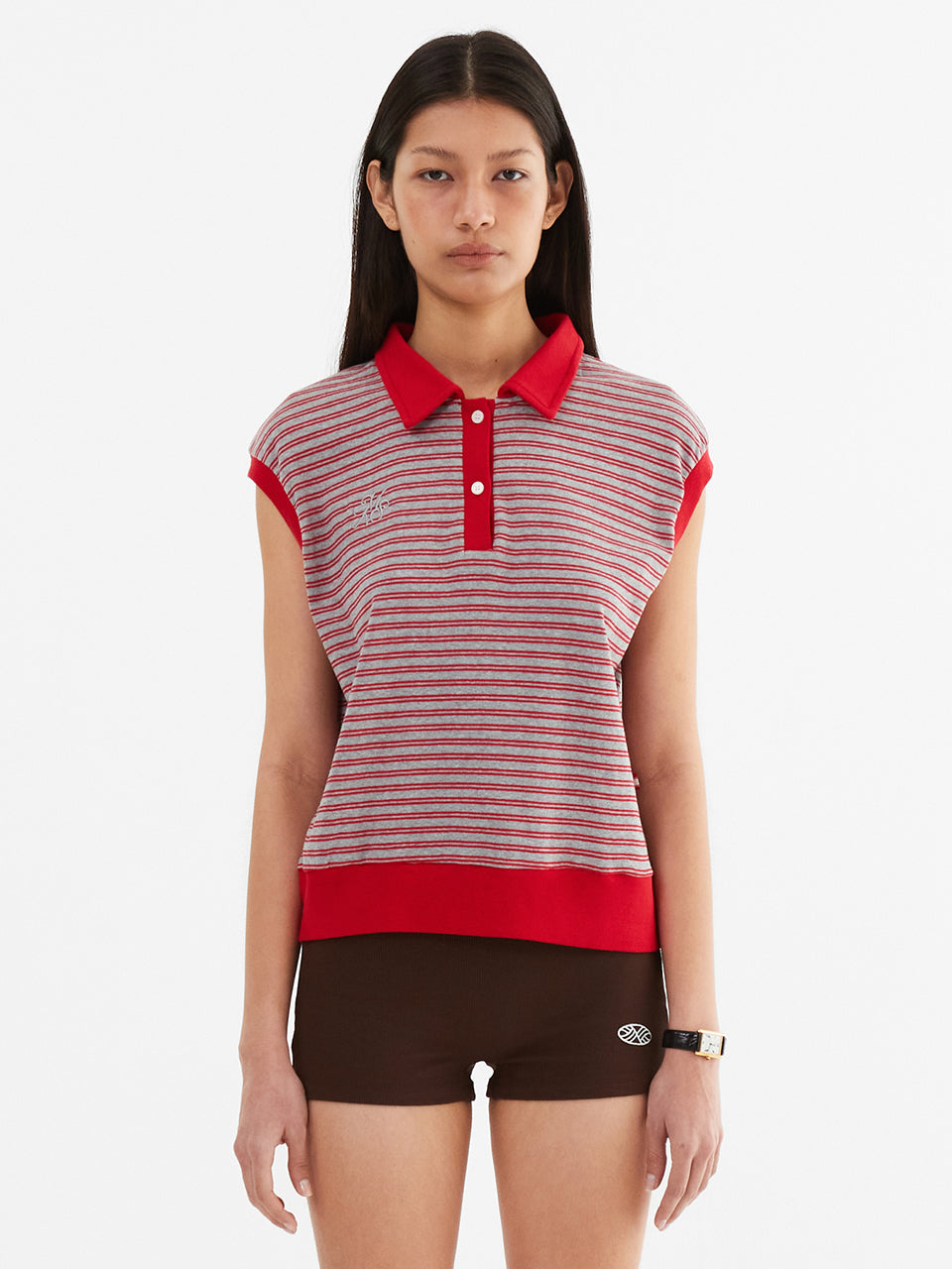 Color Combination Stripe Sleeveless_Red