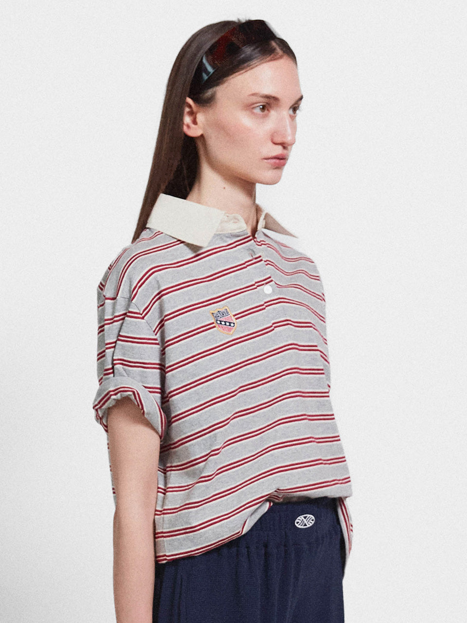 Multi Stripe Collar T Shirt_Red Gray