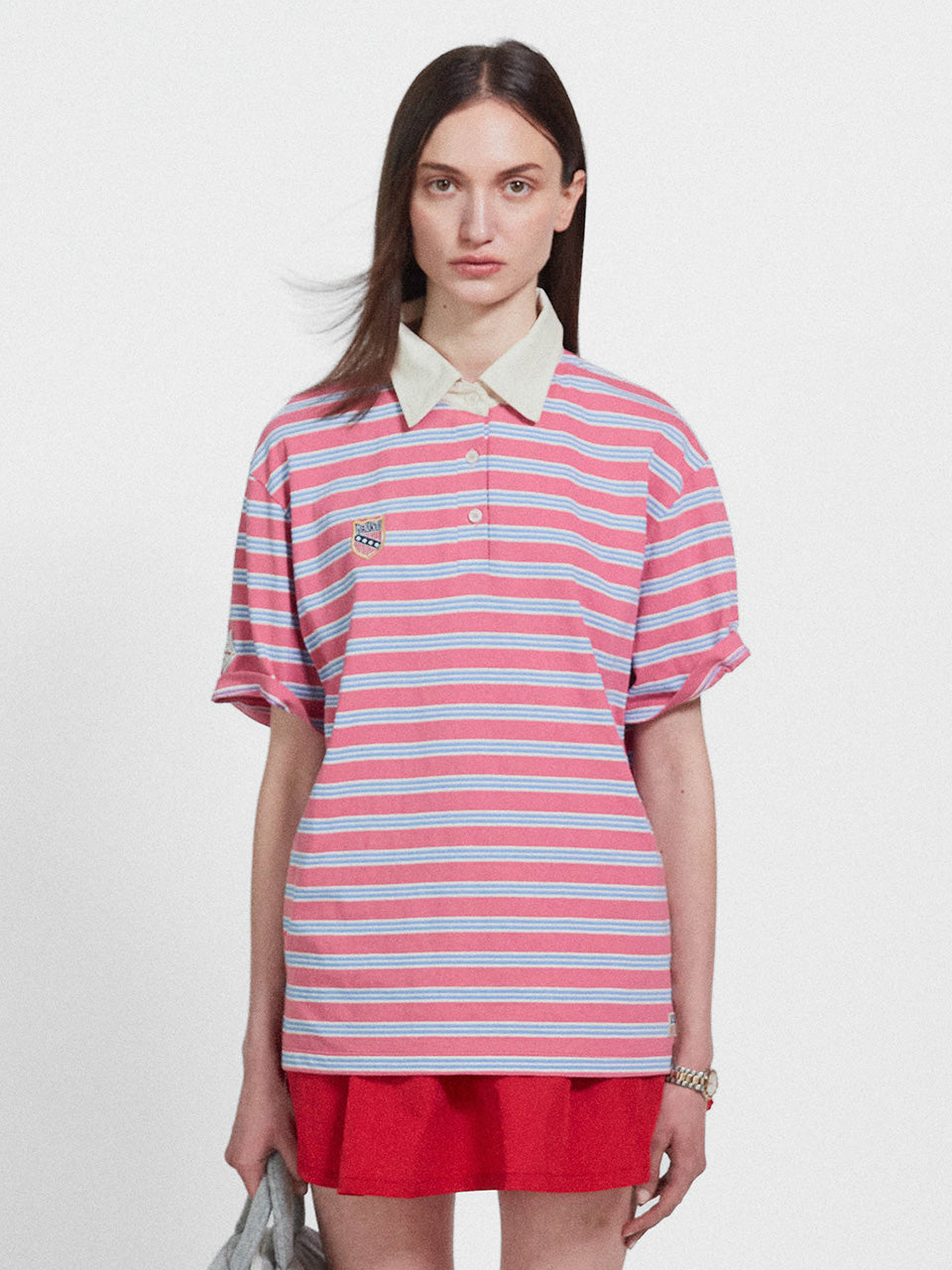 Multi Stripe Collar T Shirt_Skyblue Pink
