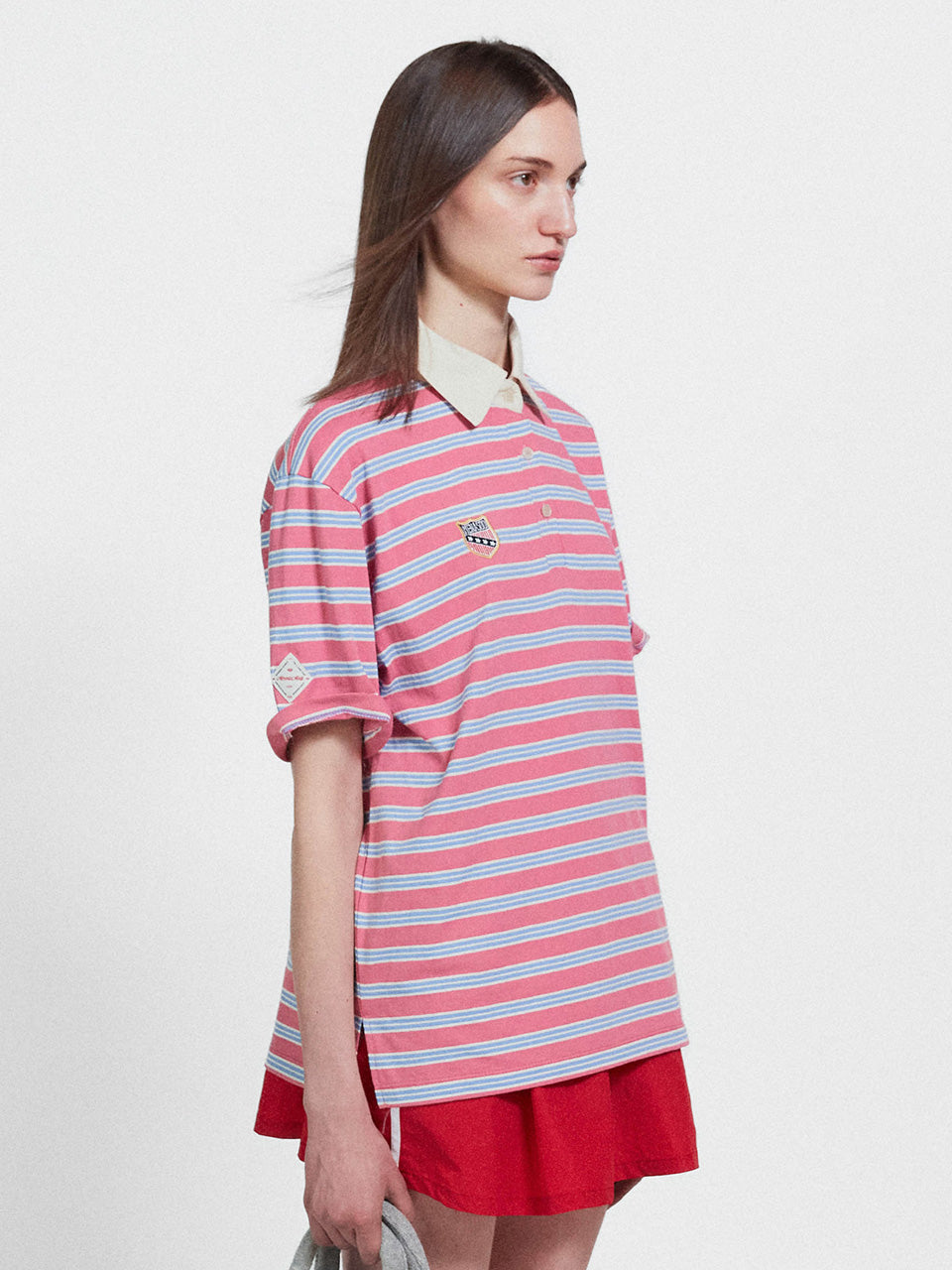 Multi Stripe Collar T Shirt_Skyblue Pink