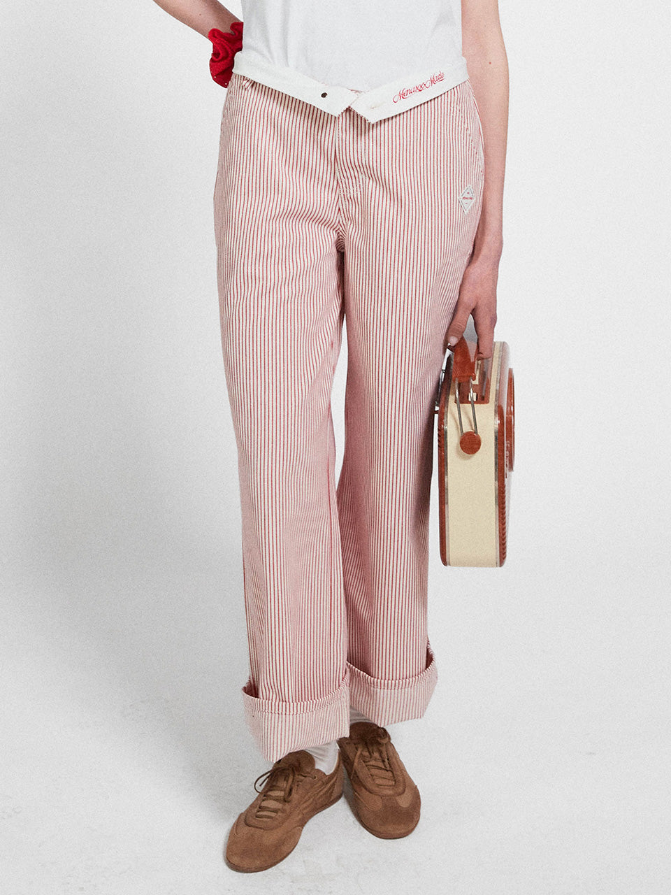 Red Stripe Cotton Wide Pants_Red