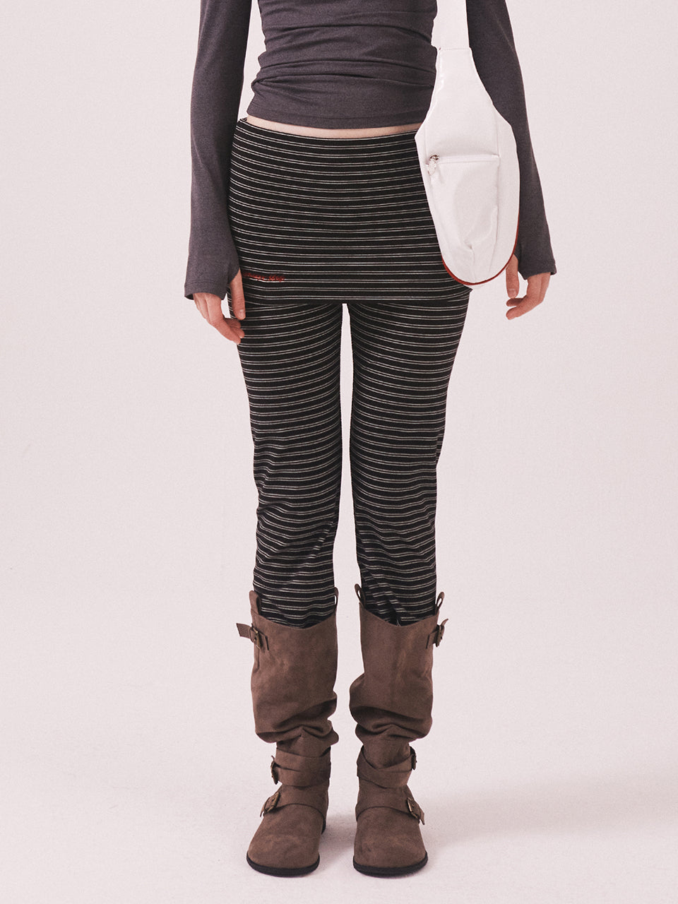 Brushed Striped Skirt Pants_Black