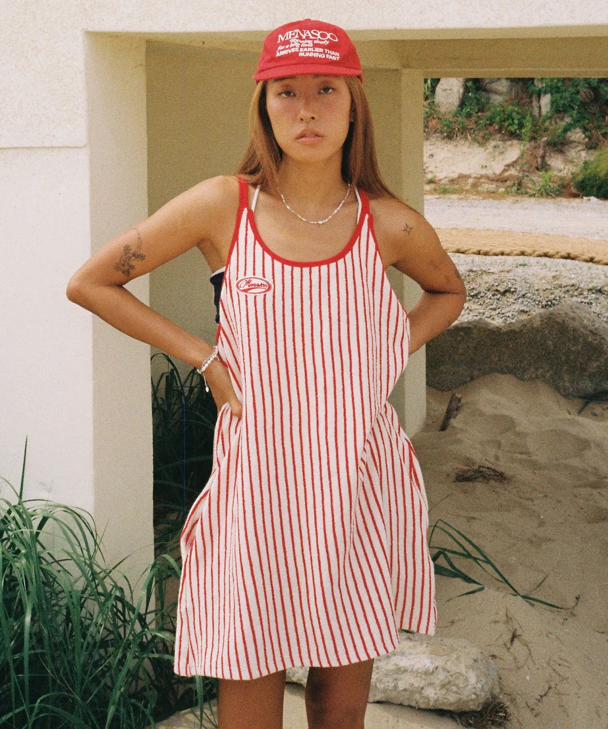 MENASOO SUMMER STRIPE TERRY STRAP ONEPIECE_RED