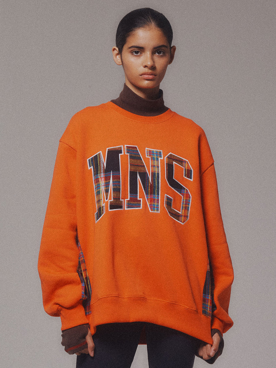 Check Combination Sweatshirt_Orange_기모원단